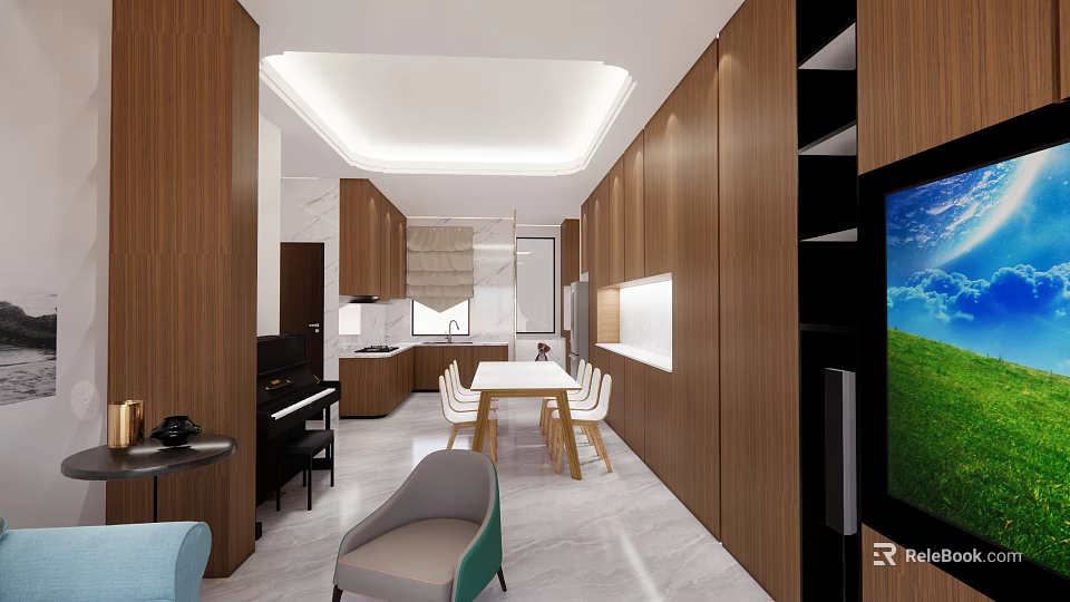 Elegant Modern Restaurant Interior With Wooden Cabinets Dining Table And Chairs 3d model 