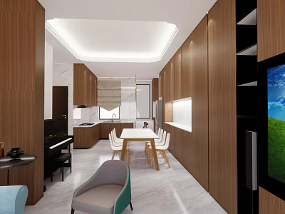 Elegant Modern Restaurant Interior With Wooden Cabinets Dining Table And Chairs 3d model