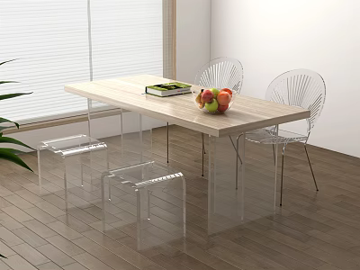 Light Wood Dining Table Set With Clear Acrylic Chairs And Fruit Platter On Wooden Floor 3d model