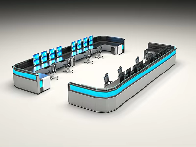 Modern Control Room Desk And Chair Set With Multiple Monitors And Blue Lighting 3d model