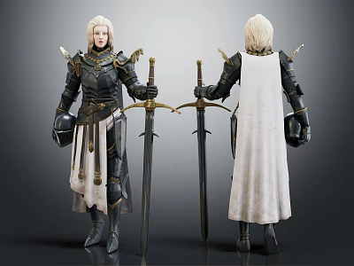 Armored Fantasy Characters With Golden Decorated Armor Swords And White Capes 3d model