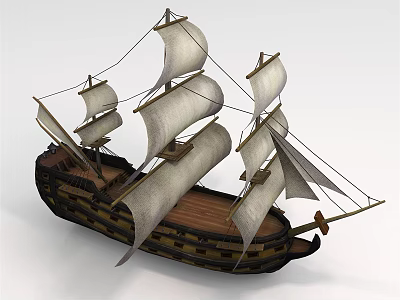 Vintage Sailing Ship With Wooden Hull White Sails And Multiple Masts 3d model