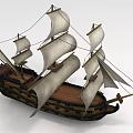 Vintage Sailing Ship With Wooden Hull White Sails And Multiple Masts 3d model