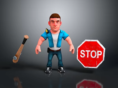 Man In Blue Shirt Standing With Axe And Red Stop Sign In Gray Background 3d model