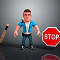 Man In Blue Shirt Standing With Axe And Red Stop Sign In Gray Background