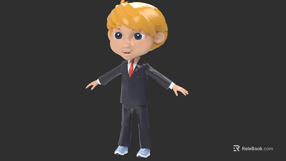 Cartoon Boy In Black Suit Red Tie Blue Shoes Blonde Hair Arms Outstretched Black Background 3d model 