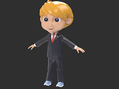 Cartoon Boy In Black Suit Red Tie Blue Shoes Blonde Hair Arms Outstretched Black Background 3d model
