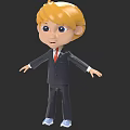Cartoon Boy In Black Suit Red Tie Blue Shoes Blonde Hair Arms Outstretched Black Background