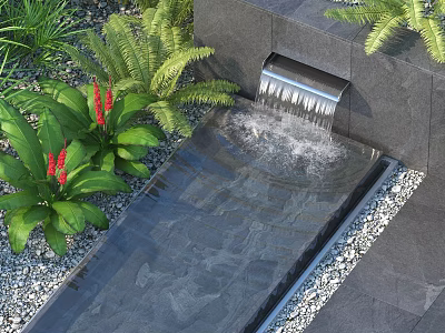 Courtyard Garden With Water Cascade Black Stone Slabs And Lush Tropical Plants 3d model