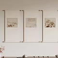 Three Chinese Scroll Landscape Paintings Hanging On Gray Wall With Tea Table Decor 3d model
