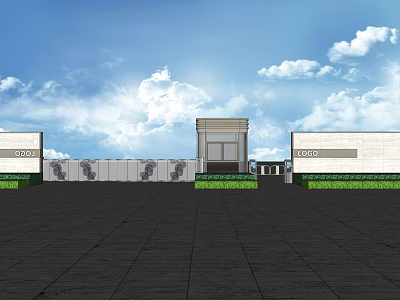 Main Entrance Gate with Symmetrical Buildings and Green Plants Under Blue Sky 3d model