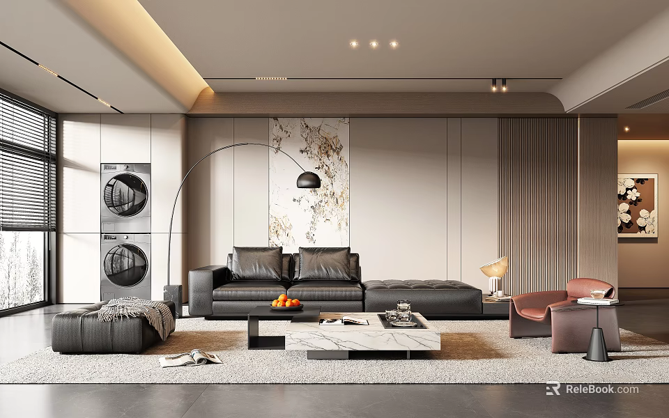 Modern Luxury Living Room Interior With Black Sofa Marble Coffee Table Floor Lamp And Decorative Rug 3d model 