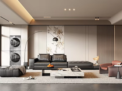 Modern Luxury Living Room Interior With Black Sofa Marble Coffee Table Floor Lamp And Decorative Rug 3d model