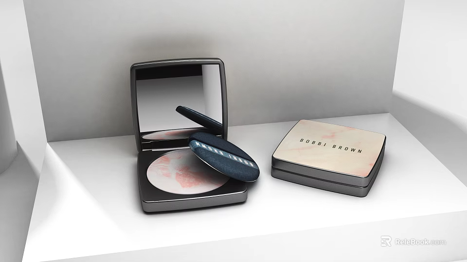 GOSHI BEAUTY Powder Compact With Open Case Puff And Closed Box Cosmetic Product 3d model 