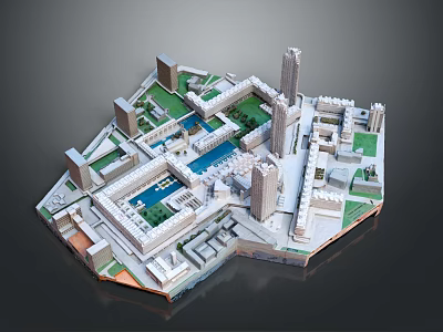 Cartoon Style 3D Castle Complex Model With Towers Courtyards Green Areas And Water Features 3d model