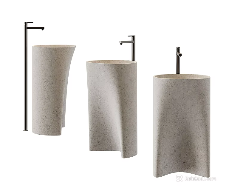 Three Modern Stone Washbasins With Cylindrical Design And Silver Faucets 3d model