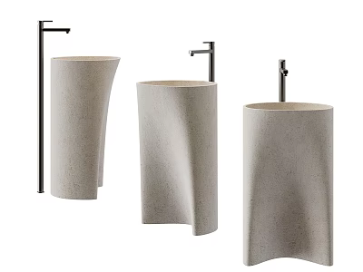 Three Modern Stone Washbasins With Cylindrical Design And Silver Faucets 3d model