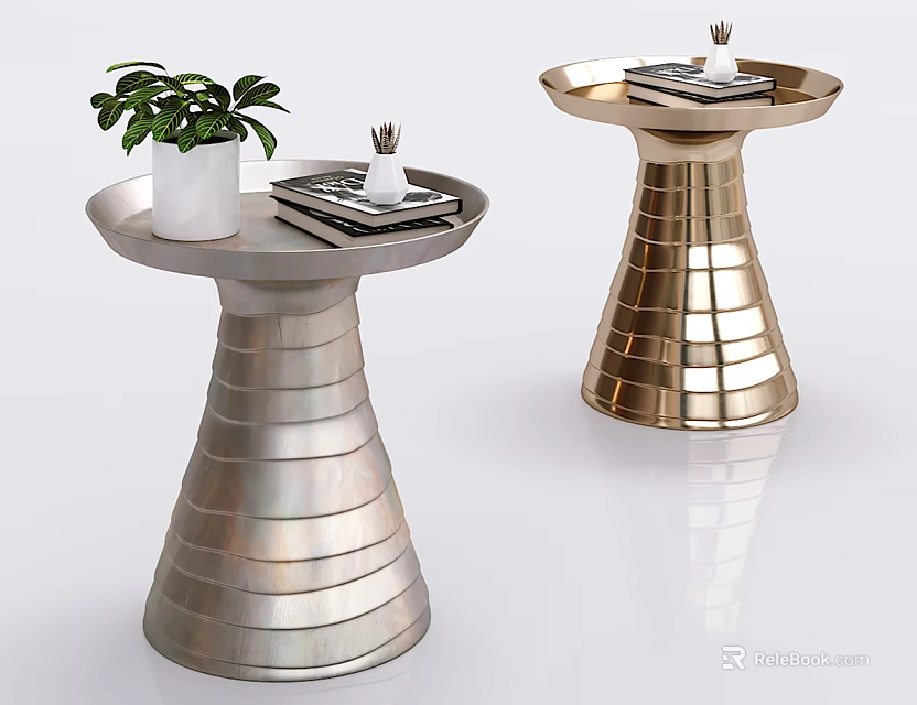 Silver And Gold Circular Side Tables With Striped Base Potted Plant And Books 3d model 