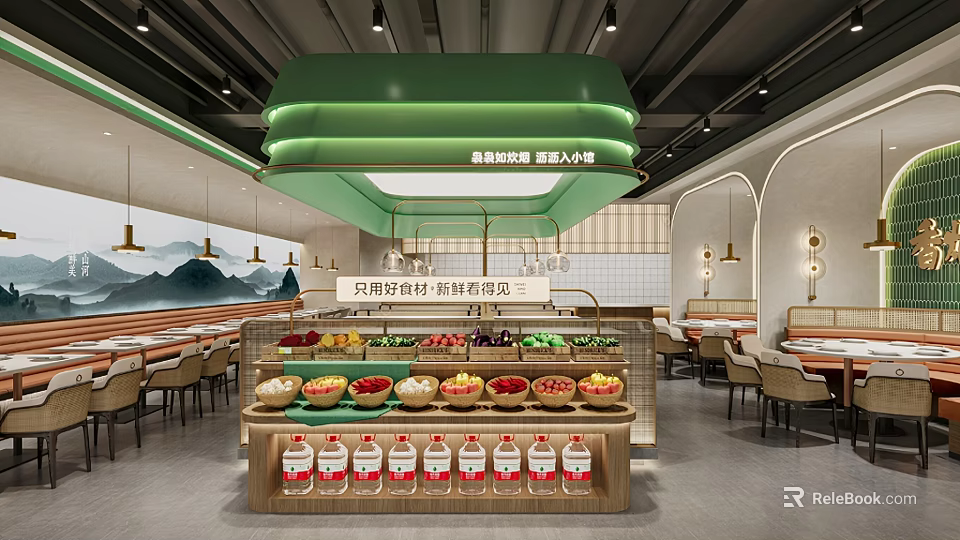 Bright Modern Restaurant Interior With Fresh Fruit Display Counter Bottled Drinks And Tables Chairs 3d model 