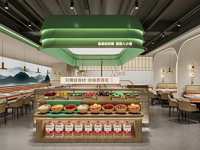 Bright Modern Restaurant Interior With Fresh Fruit Display Counter Bottled Drinks And Tables Chairs 3d model