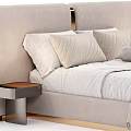 Modern Double Bed With Textured Upholstered Headboard Plush Pillows Throw Blanket And Nightstand
