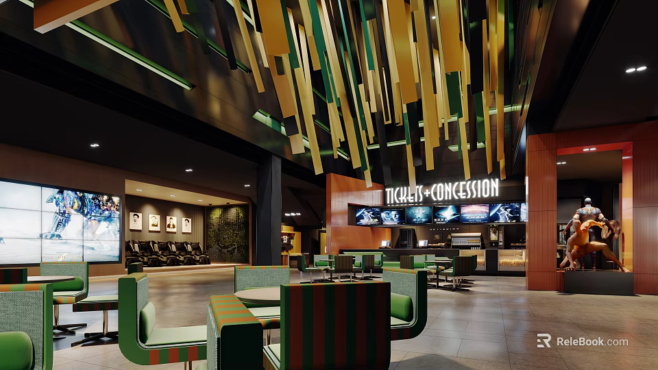 Cinema Lobby Interior Design With Tickets Concession Counter Seating Area Green Yellow Decorative Chandeliers 3d model 