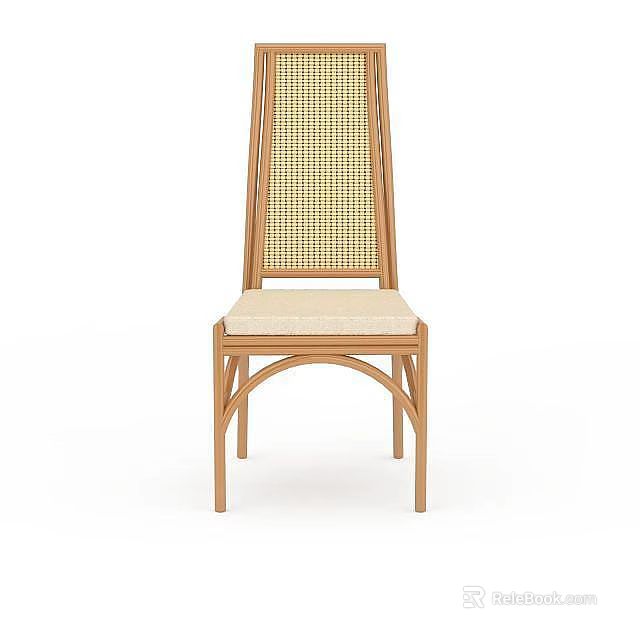 Modern Wooden Chair With Rattan Woven Backrest And Upholstered Beige Seat 3d model 