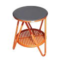 Modern Round Top Side Table With Gray Surface Orange Frame And Slatted Lower Shelf