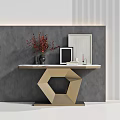 Modern Entryway Console Table Golden Hexagonal Base Grey Wall Striped Accent With Vase Frame Mirror 3d model