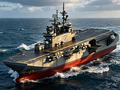 Gray Warship With Red Bottom Sailing In Open Ocean With Waves And Cloudy Sky 3d model