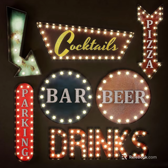 Decorative Lights with Cocktails Pizza Bar Beer Drinks Parking Letter Signs 3d model 