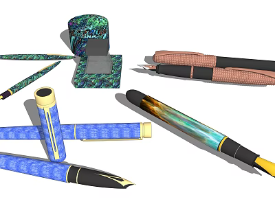 Stylish Pens With Colorful Patterns Blue Green And Brown Designs And Decorative Cases 3d model