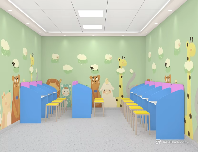 Children's Activity Room With Light Green Walls Cloud Animal Patterns Blue Desks Yellow Chairs 3d model 