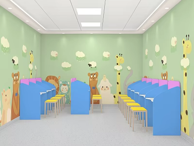 Children's Activity Room With Light Green Walls Cloud Animal Patterns Blue Desks Yellow Chairs 3d model