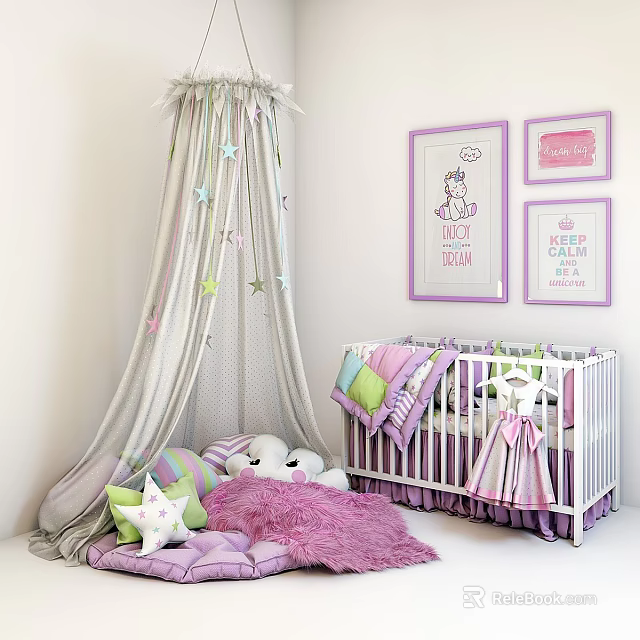 White Kids Bed With Star Canopy Pink Framed Unicorn Princess Wall Art And Stuffed Toys 3d model 