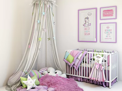 White Kids Bed With Star Canopy Pink Framed Unicorn Princess Wall Art And Stuffed Toys 3d model