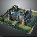 Red Brick Castle Building With Blue Roofs Towers And Green Lawn Pathways
