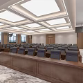 Spacious Modern Conference Room With Arranged Tables Chairs Large Screens And Ceiling Lighting