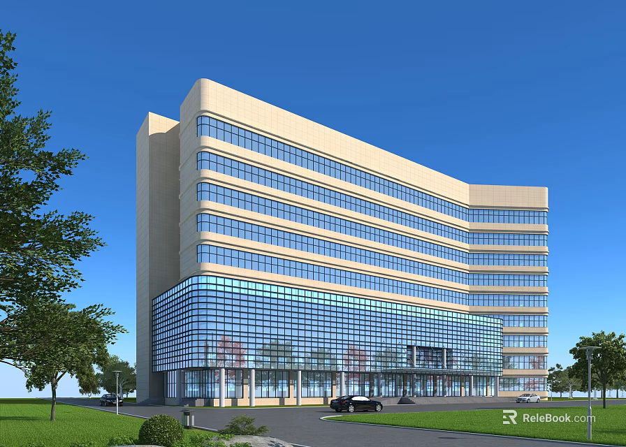 Modern Multi Story Office Building With Glass Curtain Wall And Green Trees Lawn 3d model 