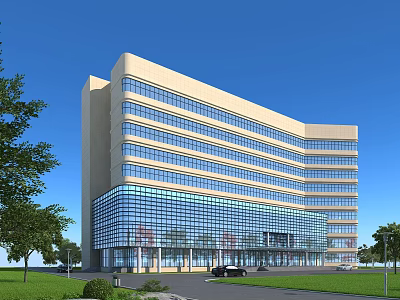 Modern Multi Story Office Building With Glass Curtain Wall And Green Trees Lawn 3d model