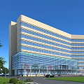 Modern Multi Story Office Building With Glass Curtain Wall And Green Trees Lawn