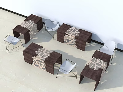 Modern Wooden Stools And Tables With White Chairs In Minimalist Interior Design 3d model
