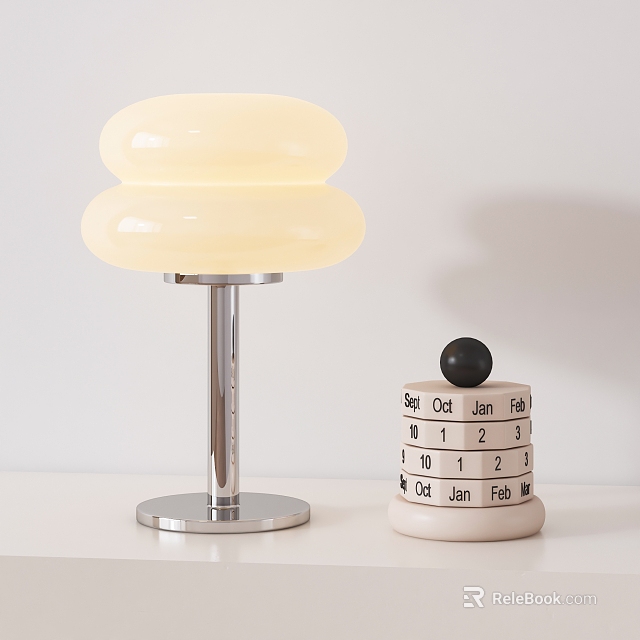 Cream White Double Dome Table Lamp With Silver Metal Stand And Calendar Decor On Tabletop 3d model 