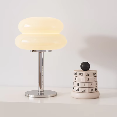 Cream White Double Dome Table Lamp With Silver Metal Stand And Calendar Decor On Tabletop 3d model