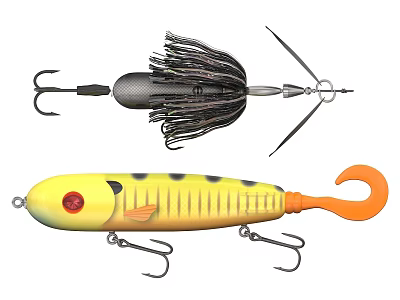 Black Spinner Bait and Yellow Crankbait Fishing Lures with Feather and Hooks 3d model
