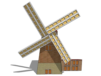 Traditional Windmill Architectural Components With Wooden Blades Brick Tower And Windows 3d model