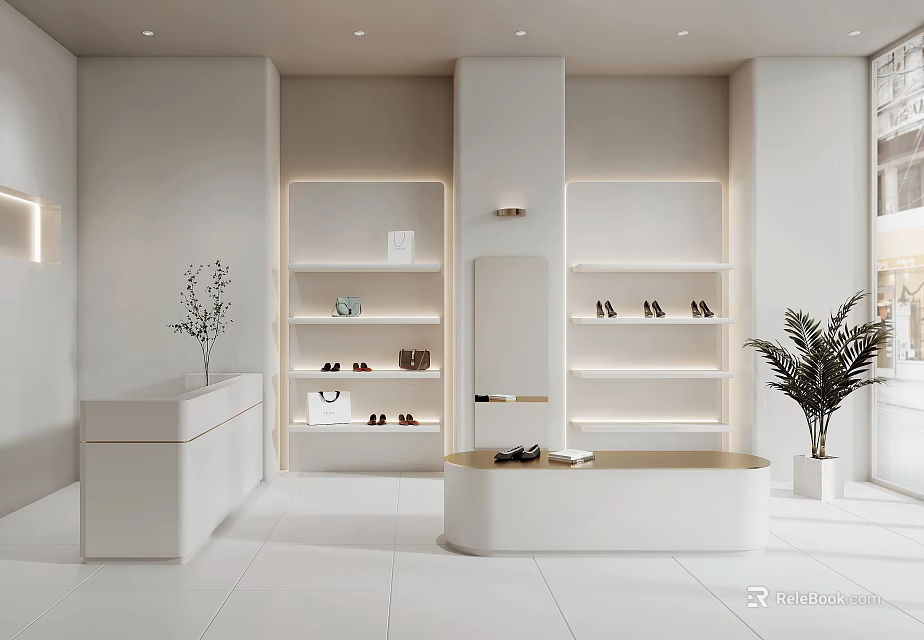 Modern Boutique Store With White Display Shelves Shoes Counter And Green Plants 3d model 