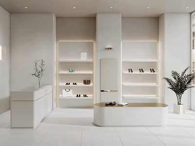 Modern Boutique Store With White Display Shelves Shoes Counter And Green Plants 3d model