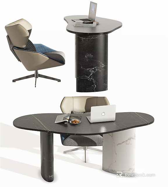 Modern Dark Marble Office Desk With Laptop Magazine And Comfortable Chair Setup 3d model 