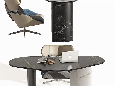 Modern Dark Marble Office Desk With Laptop Magazine And Comfortable Chair Setup 3d model